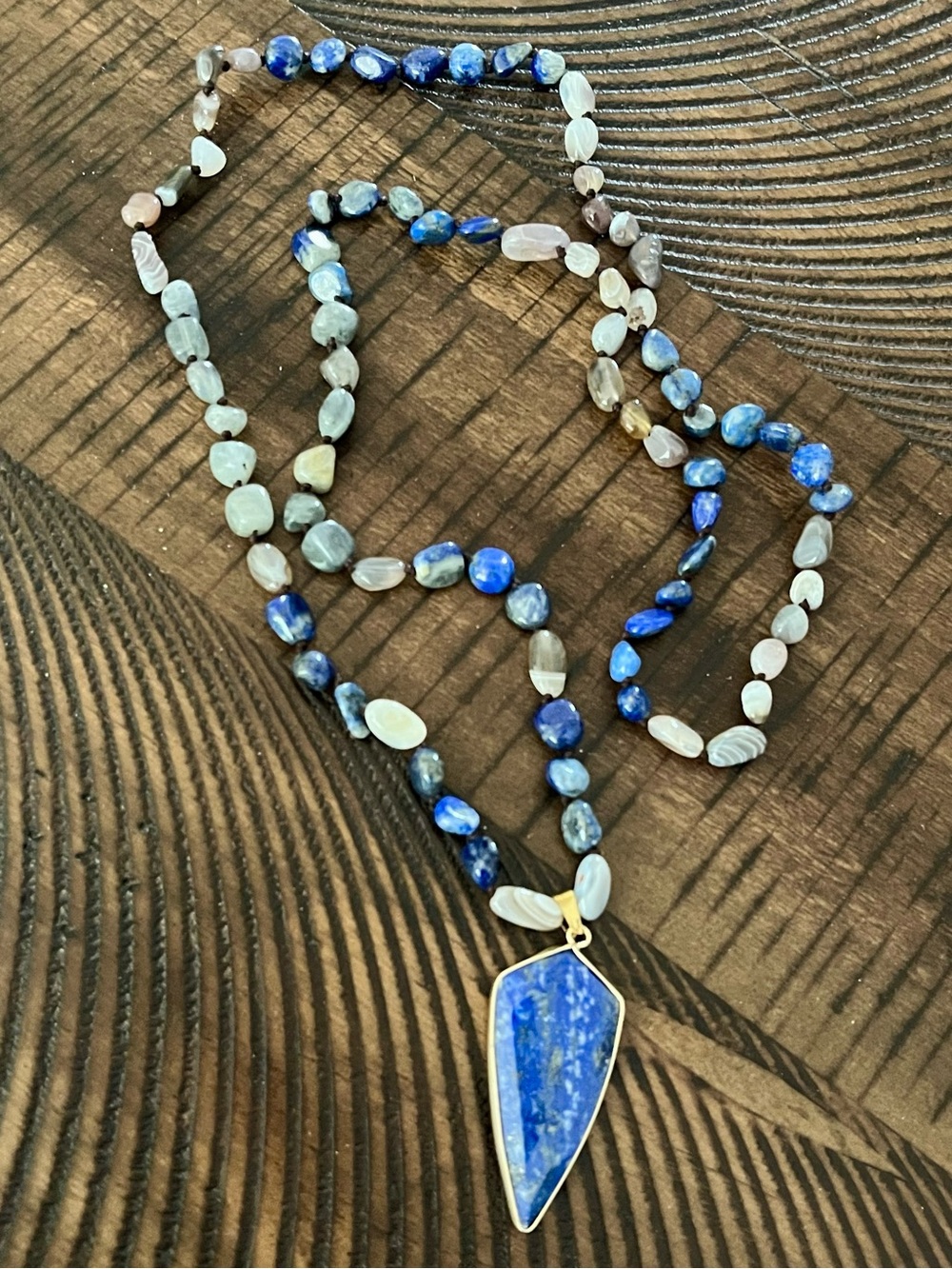 Lapis Lazuli Shield Pendant Natural Labradorite & Persian Agate Necklace 32”